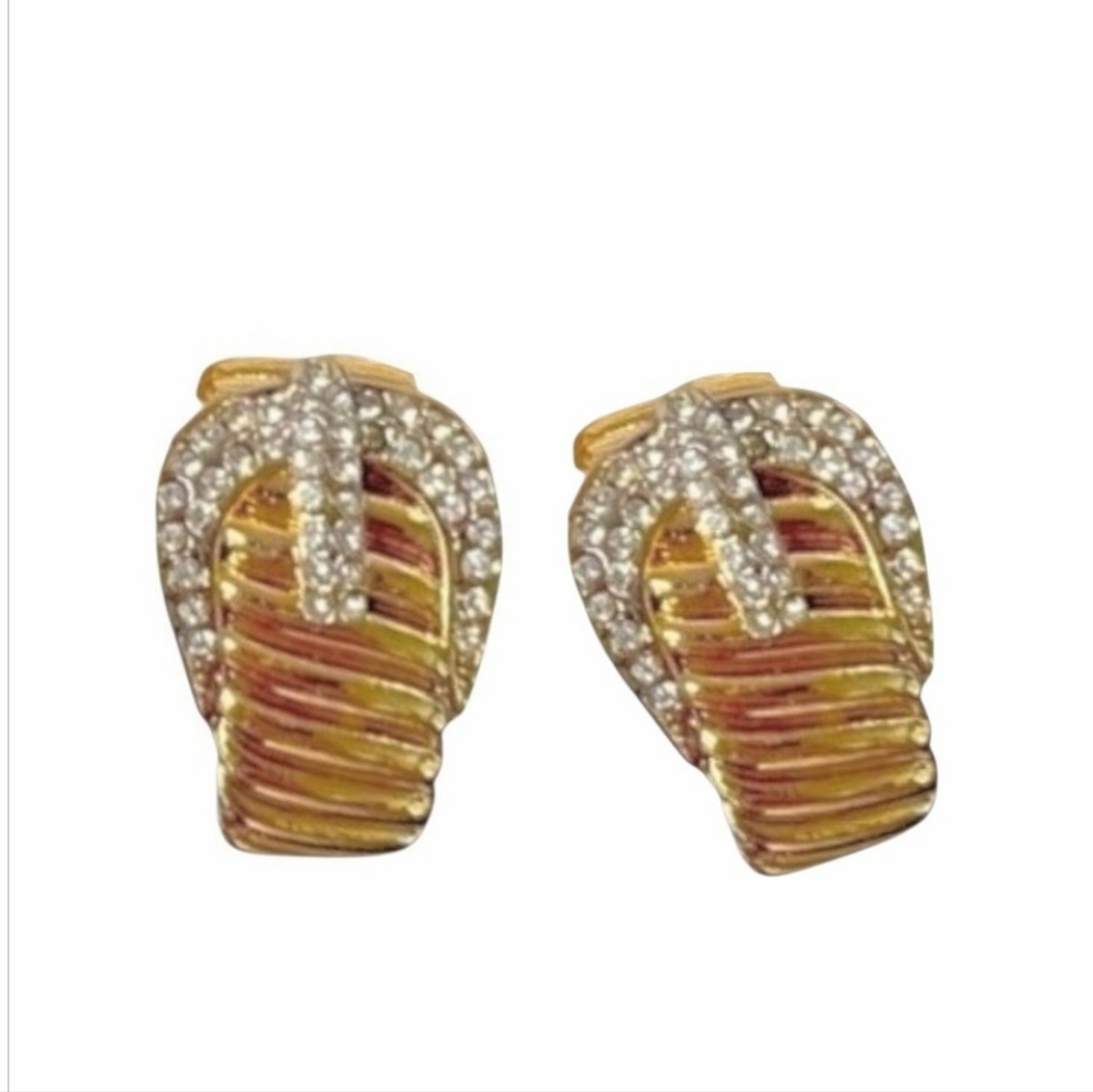 Anthropologie Gold Buckle Earrings With Paved Crystals